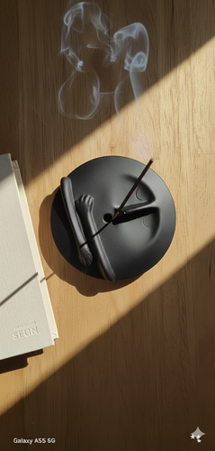 جاعودی مشکی مدرن سنگ مصنوعی روی میز چوبی در نورآفتاب کنار کتاب