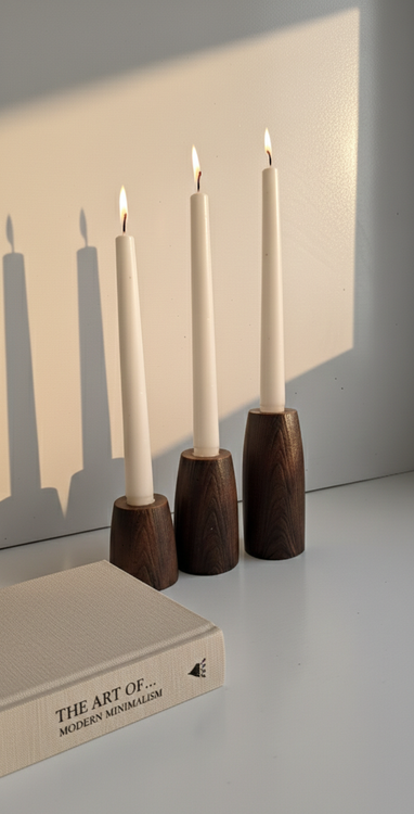 شمعدان سه تایی سنگ مصنوعی مدل افرا با طرح رگه دار قهوه ای و شمع