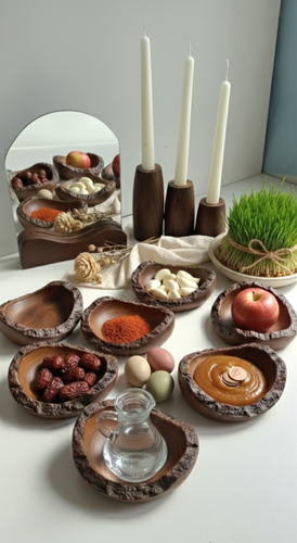 ست ۱۱ پارچه هفت سین و شمعدان سنگ مصنوعی مدل افرا طرح روستیک 